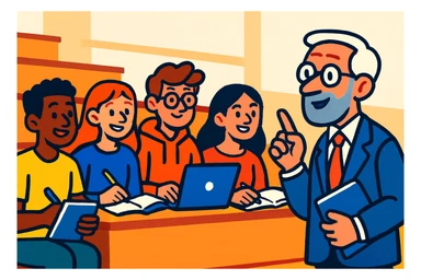 group of 4 students with notebook and laptop, listening to a professor, university atmosphere, colorful cartoon style, light background sticker