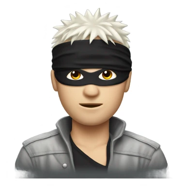 white male with white spiky hair wearing a black blind fold sticker