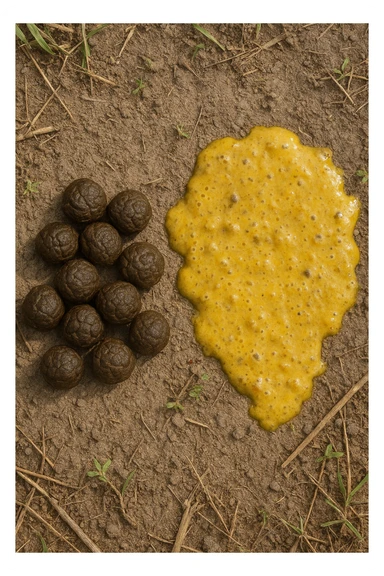 feci di animale a palline viste dall'alto e feci di animale liquide e gialline viste dall'alto, iperrealistico 4k sticker