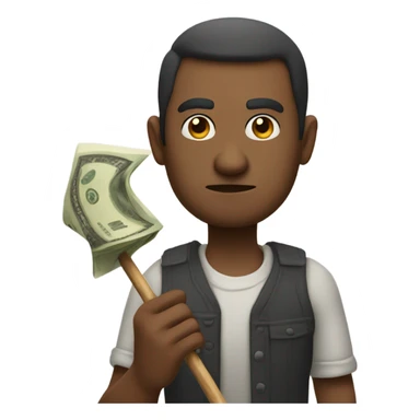 Man sticking out his hand with money and a scowl and a stick in the other hand sticker