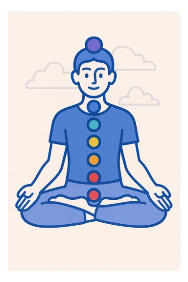 human silhouette meditating in lotus posture with aligned chakras marked with vibrant colors at each energy point, neutral background, clear and modern illustration style sticker