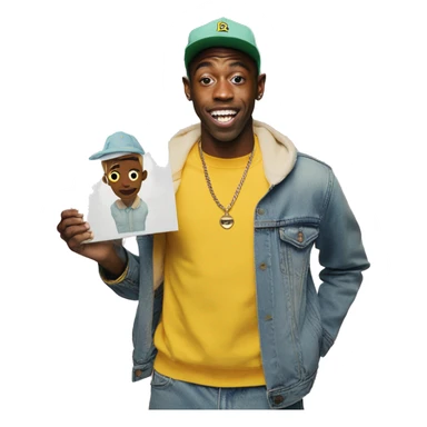 Tyler, The creator holding his new album vinyl, “Chromakopia” sticker
