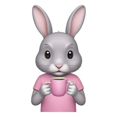 Gray rabbit, wearing pink t-shirt, holding coffee mug sticker