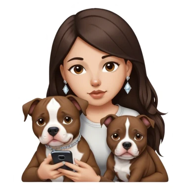 ￼ a young girl with long dark brown hair cascading down her face. It’s with her phone in her hands, sitting next to her pitbull with a small diamond nose ring in her nose. sticker