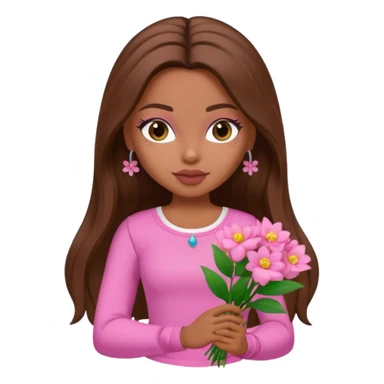 pretty bratz baddie, long brown hair holding flowers sticker