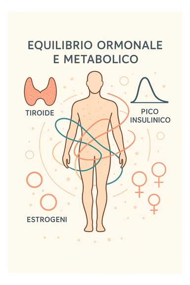 Il corpo è circondato da simboli delicati e bilanciati che rappresentano equilibrio ormonale e metabolico: piccoli cerchi, flussi energetici colorati, simboli stilizzati di tiroide, picco insulina, estrogeni. 4k immagine in italiano sticker