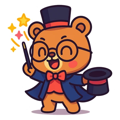 chibi bear with glasses performing magic, animated style, cute and vibrant sticker