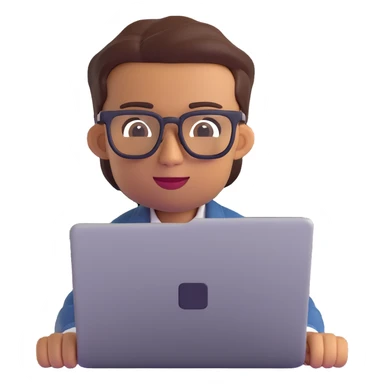a designer with tan skin and square glasses using a laptop, 3D emoji style sticker