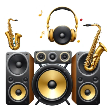 Icon for R&B Music Listening: large concert speakers and headphones with waves of musical notes coming out, along with drums and bass guitar and saxophone. The icon should convey the energetic and rhythmic vibe of R&B music. Transparent background sticker
