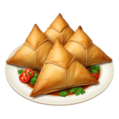 Samosa Cinematic Realistic Samosa Snack Emoji, depicted as a crispy, golden triangular pastry filled with spiced vegetables or meat, rendered with rich textures and vibrant, appetizing lighting. sticker