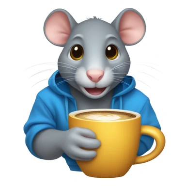 A rat with one ear and one gold tooth, wearing a blue sweatshirt, drinking coffee sticker