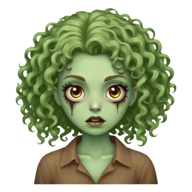 Garota zumbi verde claro, cabelo cacheado grande para frente, blusa marrom, cilios grande sticker
