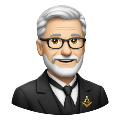 60 year old Caucasian male with grey hair, glasses and a grey goatee beard wearing a black dinner suit with a Masonic emblem on the left lapel. Make the man's face rounder sticker