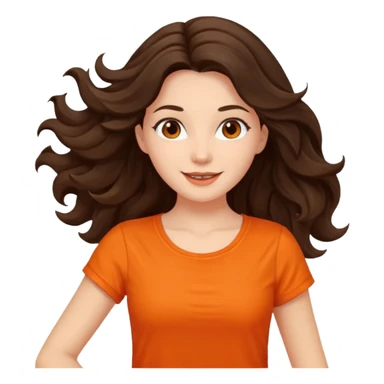 Long dark wavy hair women in orange top twirling around sticker