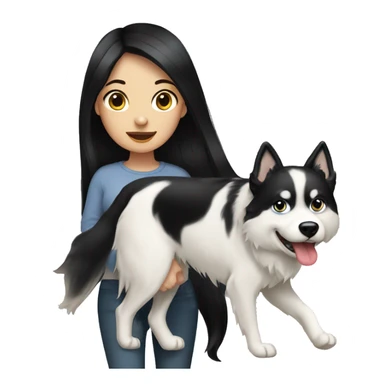 Long black hair pale girl walking husky dog sticker