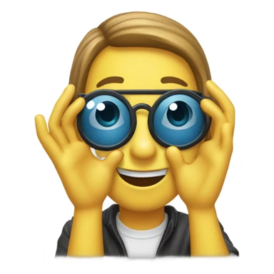 "Create an emoji with the 'goggles celebration' gesture, where both hands form circles in front of the eyes, mimicking glasses. The emoji should convey excitement and joy, with a playful and victorious vibe, using a yellow emoji face."
 sticker