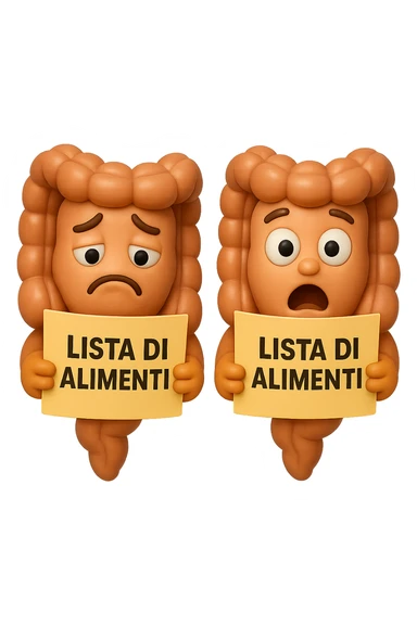 EMOJI STILE IPHONE DI UN INTESTINO CHE LEGGE UN FOGLIO CON LA SCRITTA "lista di alimenti" ed espressione triste in volto, ESPRESSIONE STUPITA IN VOLTO, IPERREALISTICO 4K sticker