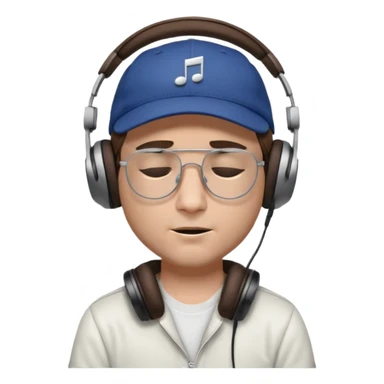 dj man white with baseball cap - rayban glasses - brown hair - closed eyes with headphones on with musical note over head (listening to music ) - eyes closed no glasses  sticker