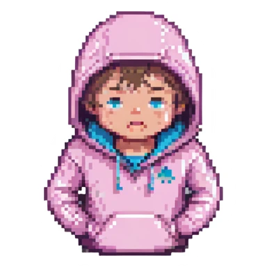 crying guy in a pink hoodie, pixel art style sticker