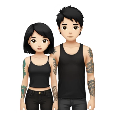 generate a fair boy with messy black hair, tattoos. standing beside a fair black haired girl wearing a black cami top. sticker