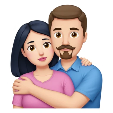 Tall white man with brown mustache goatee wearing blue hugging a chubby short pale woman with long black hair wearing pink sticker