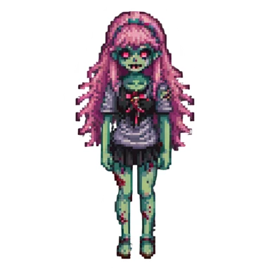 full body girl zombie with pink hair and bangs, pixel art style sticker