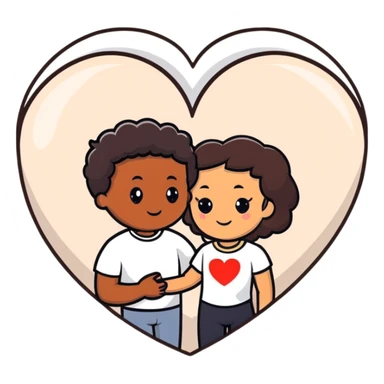 A couple with dark brown hair and mixed skin tone inside a white heart sticker