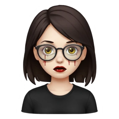 apple emoji zombie girl with dark brown emo hair and black shirt and glasses sticker