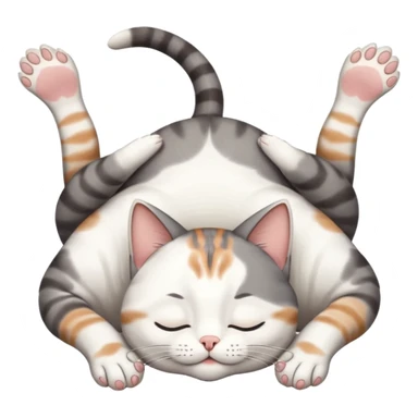 grey and white small cat eyes closed lying down upside down with paws stretched out straight in different directions sticker