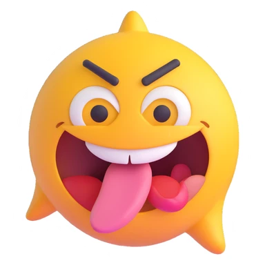 Make the expression even wilder with eyes looking in different directions, huge open mouth, tongue out, chaotic and silly, front facing, transparent background in 3D emoji style. sticker