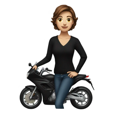 Beautiful woman with short brown hair in black V-neck sweater sitting on motorcycle sticker