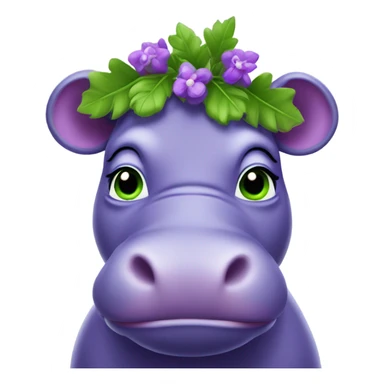 A purple hippo with green eyes and a laurel wreath sticker