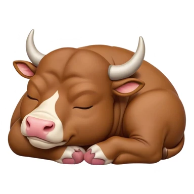 meme-worthy-cute-sleeping-domestic-bull-portrait-emoji,-head-resting-peacefully-with-a-contented-smile,-showcasing-a-robust,-muscular-build-and-a-luxuriously-soft-coat,-eyes-gently-closed-in-serene,-restful-slumber,-simplified,-solid-brown sticker