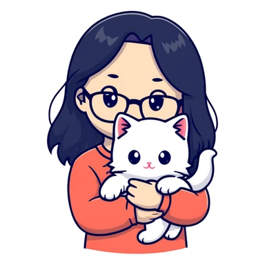 Beautiful girl with long black hair and glasses holding a white kitten sticker