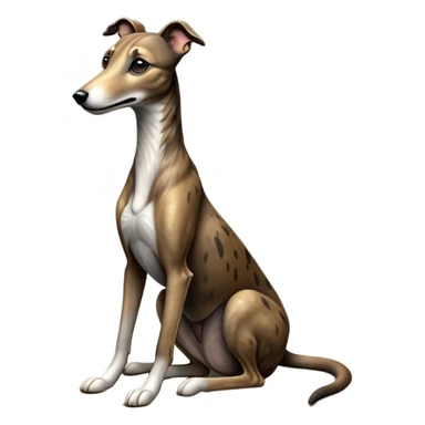 cinematic-[brindle greyhound]-realistic-full-body-sitting-emoji,-tail-resting-loosely-beside-its-paws,-head-tilted-dramatically, -sleek-[brindle]-fur,-simplified-yet-realistic-focused-features,-highly-detailed,-glowing-with-an-almost-sarcastic-glow sticker