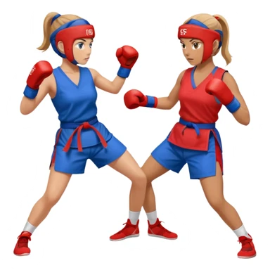 two women sparring, one in blue and one in red sticker