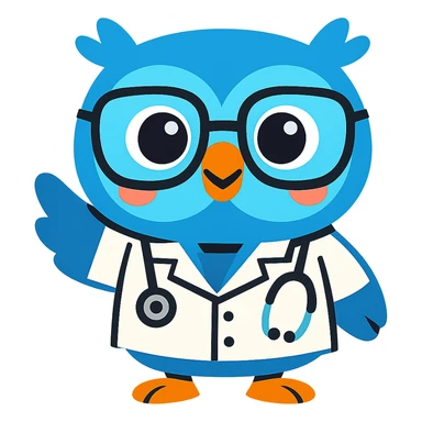 blue baby owl animated, wearing doctor uniform, vibrant and modern style sticker
