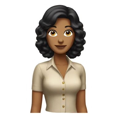 Tanned woman with black hair wearing 1970s style outfit and hair sticker
