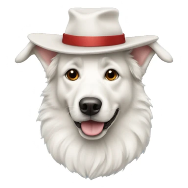 a white swiss sheperd dog with a hat sticker