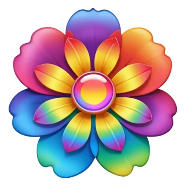 A round psychedelic colored button with a large rainbow colored flower in the center sticker