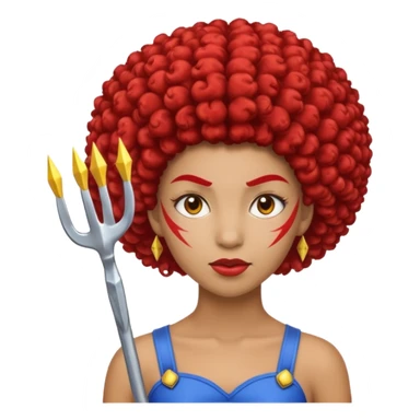Emoji metisse femboy avec drapeau ukrainien arriere plan, un afro, sourcils rouge, fourche trident, et eclairs sticker