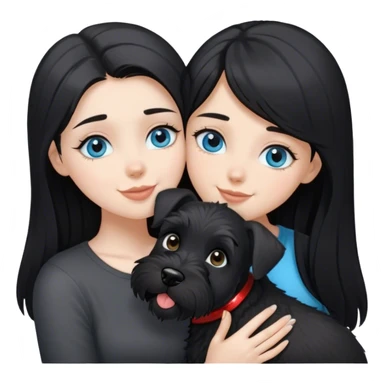 pale girl with light blue eyes and long black hair wearing black shirt kissing schnauzer smiling black schnauzer  sticker