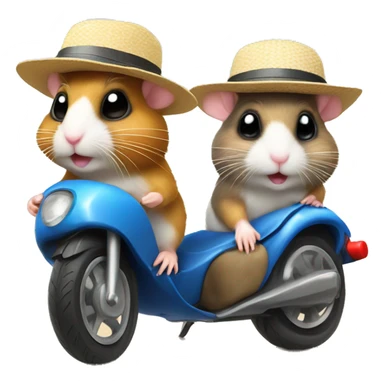 Two hamsters wearing swim shorts and sun hats driving by motorbike on the beach sticker