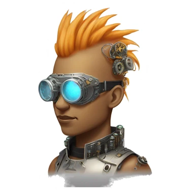 Light orange Mohawk hair make cyborg head with silver steampunk goggles and circuits sticker