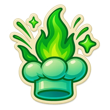 chef's hat explode with trails of fires, emoji, playful, magic flame green gradient, vibrant, flame matching style reference file sticker