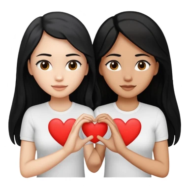 Dos mujeres juntas que una sea de color trigueña y de color blanca, cabello largo negro sea la de piel blanca y la de piel trigueña cabello castaño raya en medio, tengan polo blanco, que haga  una con su mano formando un corazon sticker