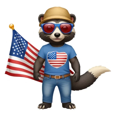 friendly anthropomorphised honey badger in jeans and a t-shirt, wearing sunglasses, dressed for USA Independence Day with red, white, and blue clothing sticker