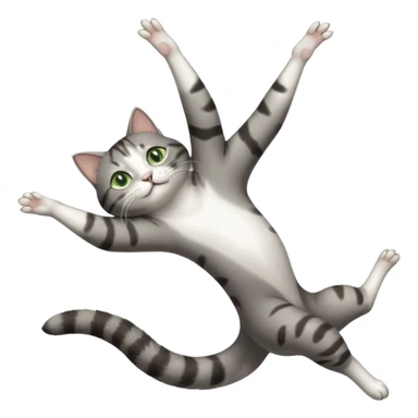 grey and white cat with green eyes doing a big extremely long stretch reaching up into the air with arms and legs side by side together straight and overextended whilst lying on its side sticker