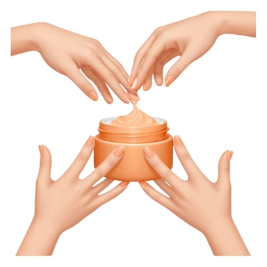 Minimal emoji of 2 hands gently applying skincare cream, soft nude and peach tones, clean beauty aesthetic, calm and elegant, subtle glow sticker