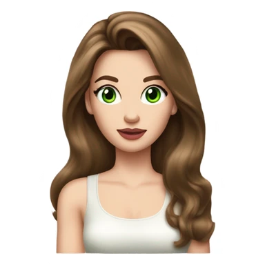 Gorgeous woman, with chestnut brown hair, her hair are a 90s voluminous very long blowout with curtain bangs, she has very green eyes and a white pale skin, she has pink lipstick on and long lashes, she wears a white tank top and  gold earrings sticker